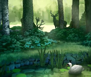 Preview wallpaper forest, art, deer, swan, pond, trees