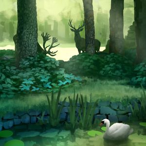 Preview wallpaper forest, art, deer, swan, pond, trees