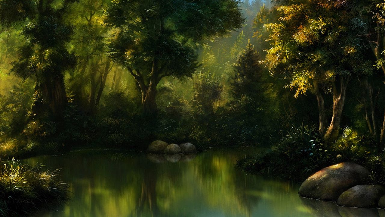 Wallpaper forest, art, pond, trees, water