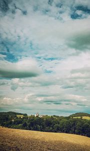 Preview wallpaper forest, buildings, sky, nature