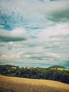 Preview wallpaper forest, buildings, sky, nature