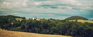 Preview wallpaper forest, buildings, sky, nature