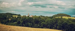 Preview wallpaper forest, buildings, sky, nature