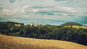 Preview wallpaper forest, buildings, sky, nature