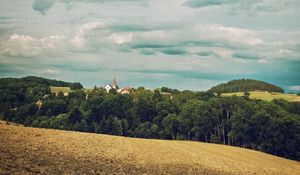 Preview wallpaper forest, buildings, sky, nature