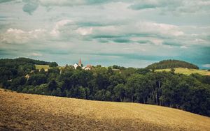 Preview wallpaper forest, buildings, sky, nature