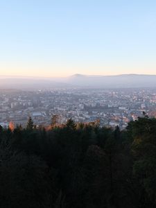 Preview wallpaper forest, city, mountain, horizon, sky, nature