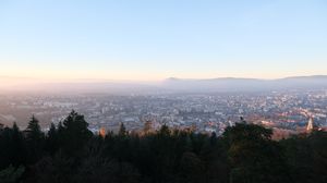 Preview wallpaper forest, city, mountain, horizon, sky, nature