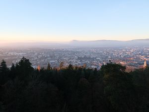 Preview wallpaper forest, city, mountain, horizon, sky, nature