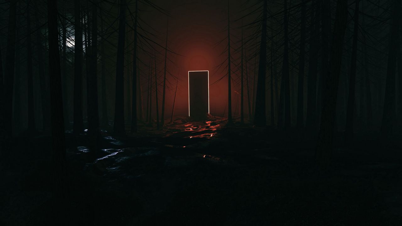 Wallpaper forest, dark, door, glow, portal