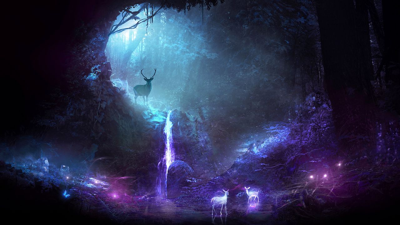 Wallpaper forest, deer, cave, lights