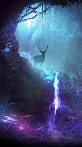 Preview wallpaper forest, deer, cave, lights