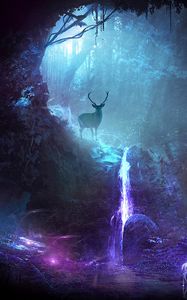 Preview wallpaper forest, deer, cave, lights