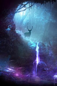 Preview wallpaper forest, deer, cave, lights