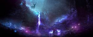 Preview wallpaper forest, deer, cave, lights