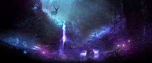 Preview wallpaper forest, deer, cave, lights