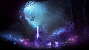 Preview wallpaper forest, deer, cave, lights