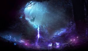 Preview wallpaper forest, deer, cave, lights