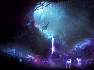 Preview wallpaper forest, deer, cave, lights