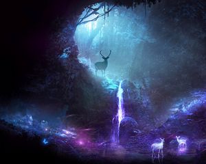 Preview wallpaper forest, deer, cave, lights