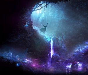 Preview wallpaper forest, deer, cave, lights