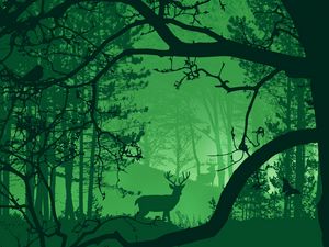 Preview wallpaper forest, deer, fog, animals, nature, art