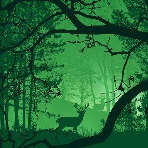 Preview wallpaper forest, deer, fog, animals, nature, art