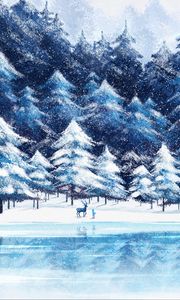 Preview wallpaper forest, deer, silhouette, snow, winter