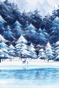 Preview wallpaper forest, deer, silhouette, snow, winter