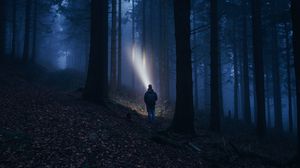 Preview wallpaper forest, fog, dark, man, flashlight