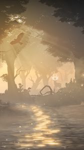 Preview wallpaper forest, fog, light, animals, wildlife, art