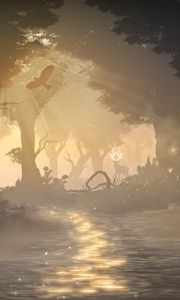 Preview wallpaper forest, fog, light, animals, wildlife, art
