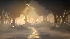 Preview wallpaper forest, fog, light, animals, wildlife, art
