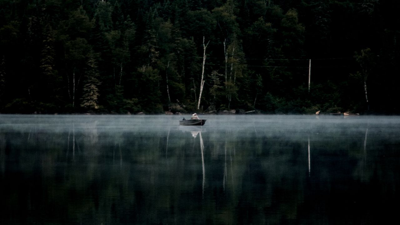 Wallpaper forest, fog, river, boat