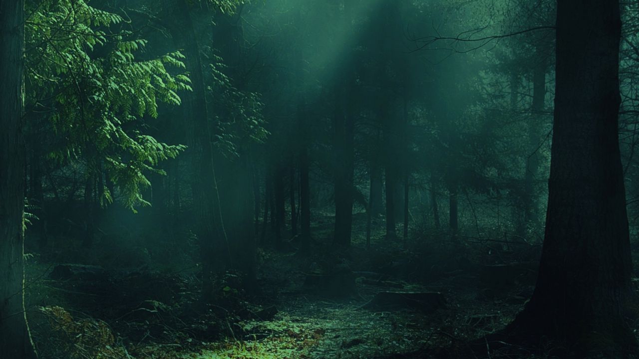 Wallpaper forest, fog, trees, shadows, light