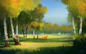 Preview wallpaper forest, fox, art, glade, trees