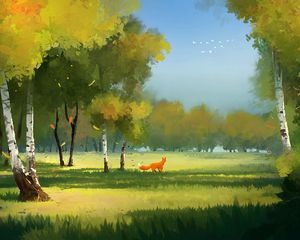 Preview wallpaper forest, fox, art, glade, trees