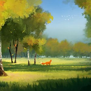 Preview wallpaper forest, fox, art, glade, trees