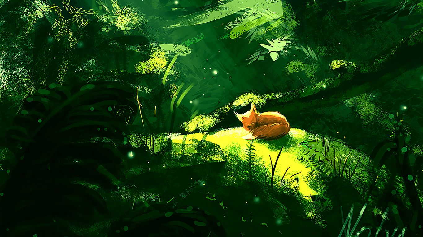 Download wallpaper 1366x768 forest, fox, sunlight, nature, art tablet, laptop  hd background