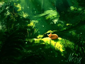 Preview wallpaper forest, fox, sunlight, nature, art