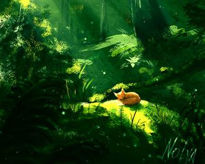 Preview wallpaper forest, fox, sunlight, nature, art