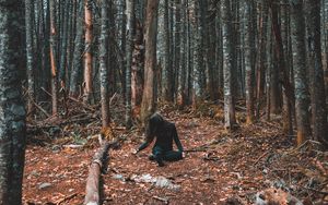 Preview wallpaper forest, girl, loneliness, trees, autumn