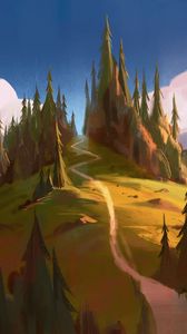 Preview wallpaper forest, hill, path, trees, canvas, art