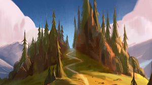 Preview wallpaper forest, hill, path, trees, canvas, art