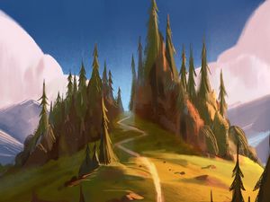 Preview wallpaper forest, hill, path, trees, canvas, art