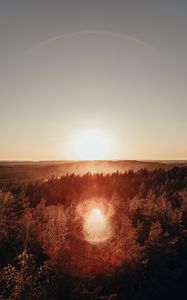 Preview wallpaper forest, horizon, sundawn, fog, sun, glare, aerial view