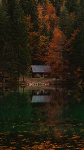 Preview wallpaper forest, house, autumn, lake, italy