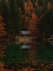 Preview wallpaper forest, house, autumn, lake, italy