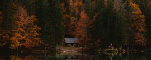 Preview wallpaper forest, house, autumn, lake, italy