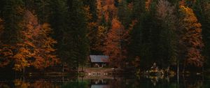 Preview wallpaper forest, house, autumn, lake, italy